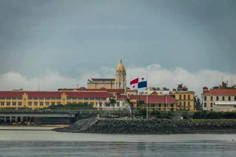 San Francisco de Asis Church in Casco Viejo and Panama Flag - Panama City, Panama
