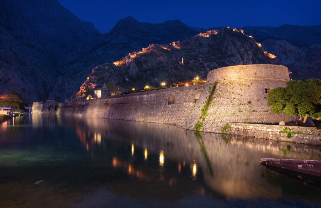 Wall of Kotor old town at dusk, Montenegro